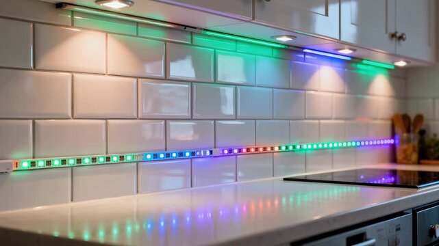 Medium shot of a colorchanging LED strip cycling through vibrant hues on a kitchen backsplash highlighting customizable lighting for mood and decor