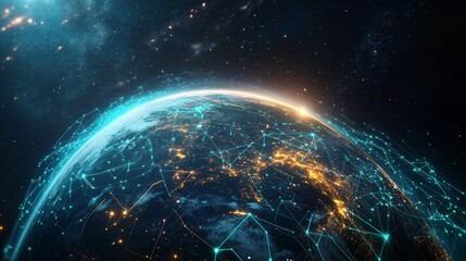 Naklejka premium A global digital network spanning the entire planet, with luminous blue streams of light representing connections and the flow of information 