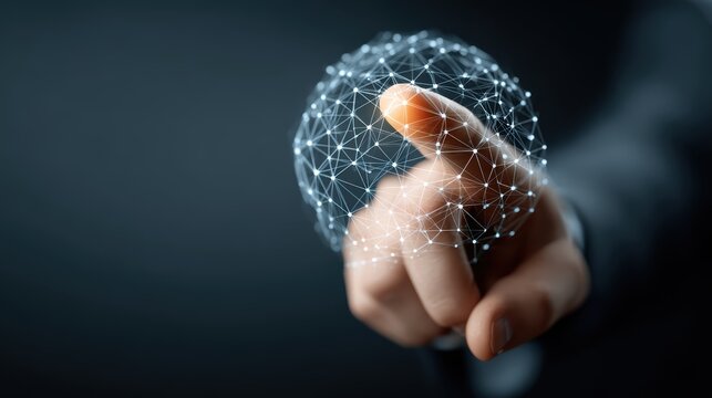 Technology Connection: Hand Touching Digital Network Sphere, Abstract, Businessman