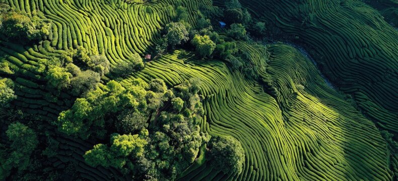 Aerial view of lush green tea plantations with trees, a beautiful landscape