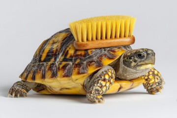 Naklejka premium A unique and humorous studio shot features a vibrant tortoise carrying a cleaning brush on its beautifully patterned shell, set against a pristine white background. The bright yellow bristles of the w