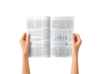 Hands holding an open newspaper with charts and graphs (1)