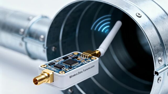 Closeup of a smart sensor module integrated into a ventilation duct highlighting wireless data transmission for system diagnostics.