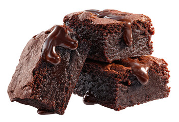 Three rich, decadent brownies stacked, drizzled with melted chocolate