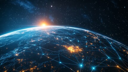A global digital network spanning the entire planet, with luminous blue streams of light representing connections and the flow of information	