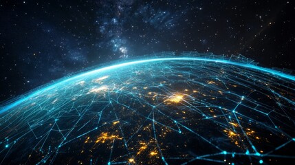 A global digital network spanning the entire planet, with luminous blue streams of light representing connections and the flow of information	