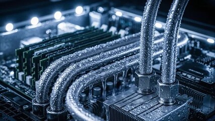 Advanced computer liquid cooling system with circuit board components and digital light effects - Powered by Adobe