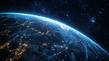 A global digital network spanning the entire planet, with luminous blue streams of light representing connections and the flow of information	