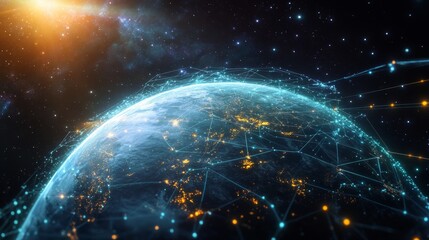 A global digital network spanning the entire planet, with luminous blue streams of light representing connections and the flow of information	