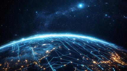 A global digital network spanning the entire planet, with luminous blue streams of light representing connections and the flow of information	