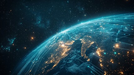 A global digital network spanning the entire planet, with luminous blue streams of light representing connections and the flow of information	