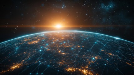 A global digital network spanning the entire planet, with luminous blue streams of light representing connections and the flow of information	