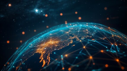 A global digital network spanning the entire planet, with luminous blue streams of light representing connections and the flow of information	