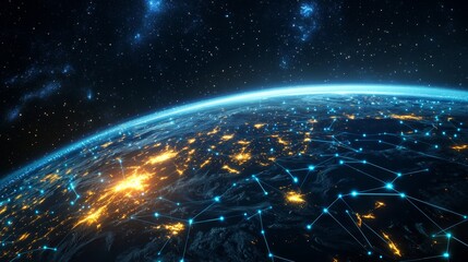 A global digital network spanning the entire planet, with luminous blue streams of light representing connections and the flow of information	