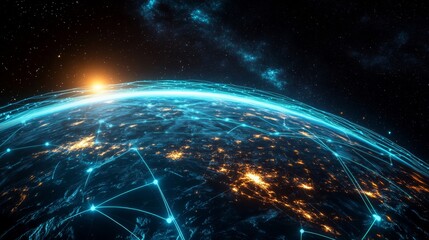 A global digital network spanning the entire planet, with luminous blue streams of light representing connections and the flow of information	