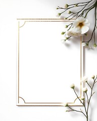 Obraz premium Elegant blank vertical gold-rimmed white card/frame mockup with delicate white flowers and branches in shadow on a clean background. Minimalist wedding invitation.