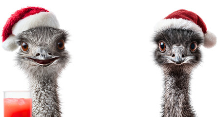portrait of 2 cute emu (ostrich) in santa claus hats smiling friendly, one with red drink; realistic christmas autralian animal characters isolated over white (transparent)