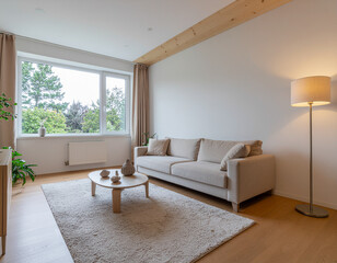 Fototapeta premium Modern cozy living room with fireplace and stylish furniture