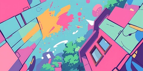 Vibrant, low-angle abstract cartoon cityscape with splash art elements in a bright, modern, colorful illustration. Retro pop-art style.
