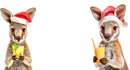 portrait of 2 cute kangaroos with drink and in santa claus hats; realistic australian christmas animal characters isolated over white (transparent)