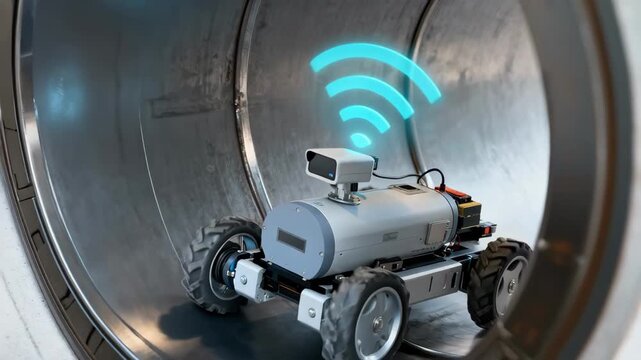 Medium range view of a pipe inspection robot transmitting data wirelessly enabling remote monitoring of pipeline integrity and maintenance needs.
