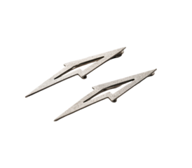 Two stylized lightning bolt shapes, metallic gray, appear to be decorative fasteners or small metal accents