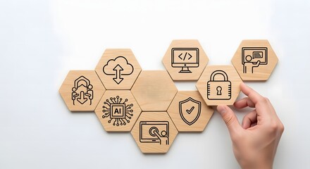 Digital technology and security icons on wooden hexagons