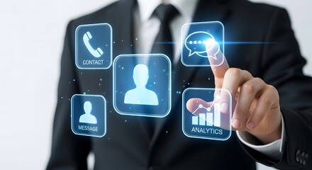 Businessman interacting with futuristic digital interface icons