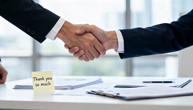 Successful business handshake for partnership and closing deals with a thank you so much note expressing gratitude and appreciation
