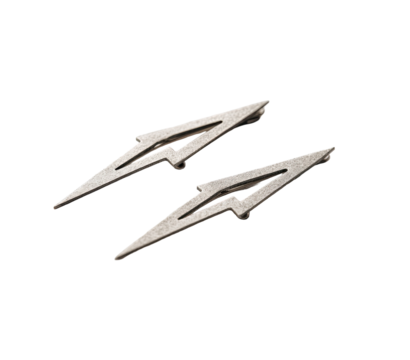 Two stylized lightning bolt shapes, metallic gray, appear to be decorative fasteners or small metal accents