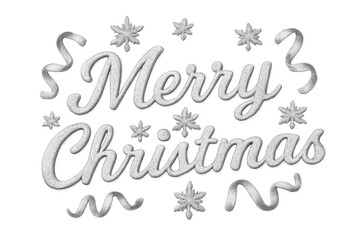 Merry christmas text lettering made from snow on transparent background with snowflakes and silver ribbons