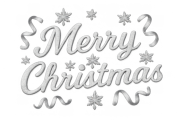 Merry christmas text lettering made from snow on transparent background with snowflakes and silver ribbons