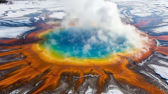 Aerial view of vibrant hot spring thermal pool with steam and colorful algae in winter landscape with snow