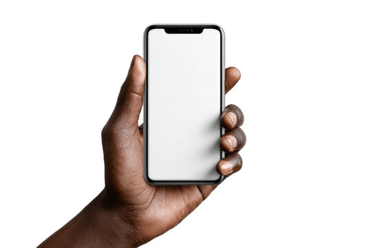 A dark hand holds a smartphone, blank screen facing the viewer