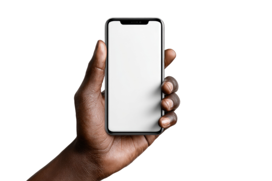 A dark hand holds a smartphone, blank screen facing the viewer
