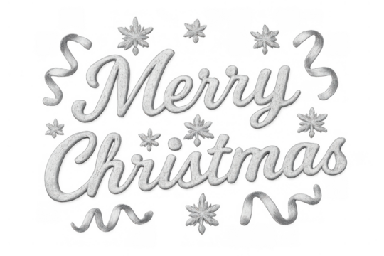 Merry christmas text lettering made from snow on transparent background with snowflakes and silver ribbons