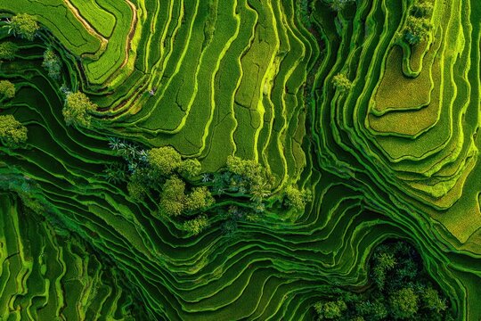 Aerial view of vibrant green rice terraces, a lush agricultural landscape - Powered by Adobe