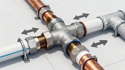Medium shot displaying the junction of mixed plumbing materials with clear connections ensuring efficient water flow and system reliability throughout an indoor plumbing layout.