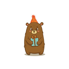 Cute cartoon bear with gift. Teddy bear in flat style for greeting card. Happy birthday. Vector illustration

