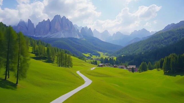 The beautiful green hills cradle a quaint village nestled in the valley near towering mountains. The mountains and village harmonize to create a peaceful natural scene, inviting ex