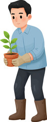 Illustration of a Man Holding Potted Plant