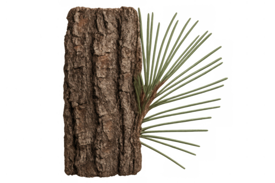 Pine tree bark texture with needles, representing nature, wood, and forest elements on transparent background