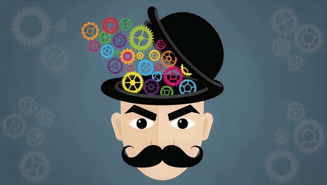Animated Brainstorming Man Head With Colorful Gears