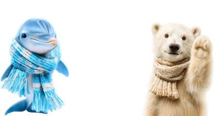 realistic dolphin and polar bear standing in winter scarf, smiling and waving friendly; cute characters isolated over white  (transparent)