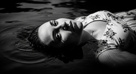 Thoughtful woman in a floral dress floating on serene dark water.