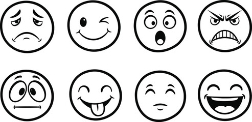 Fototapeta premium Collection of expressive emoji illustrations depicting various human emotions like joy, sorrow, surprise, and anger, perfect for enhancing digital messages