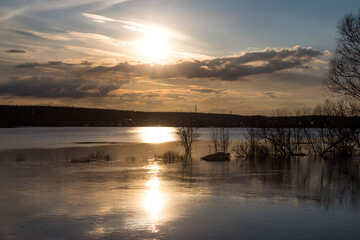 Golden hour sunset gleams across tranquil floodwaters, showcasing bare trees partially submerged. A serene, atmospheric evening landscape