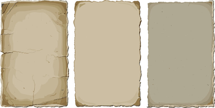 Set of three vintage paper backgrounds with aged texture and torn edges, blank antique parchment for historical or creative designs