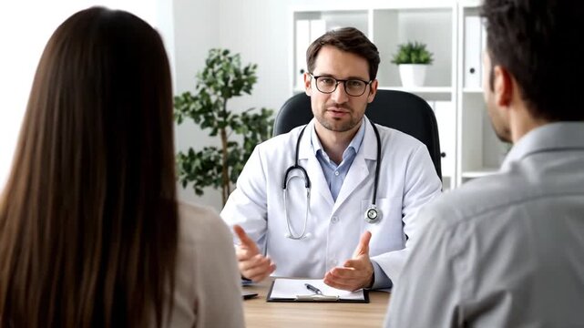 Doctor consulting with a couple in a bright modern clinic discussing medical treatment options for health concerns