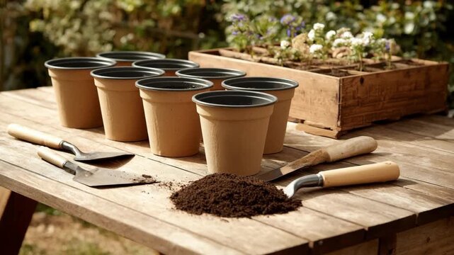 Closeup medium shot of paperbased biodegradable flower pots arranged on a wooden table with soil and gardening tools highlighting ecoconscious planting.